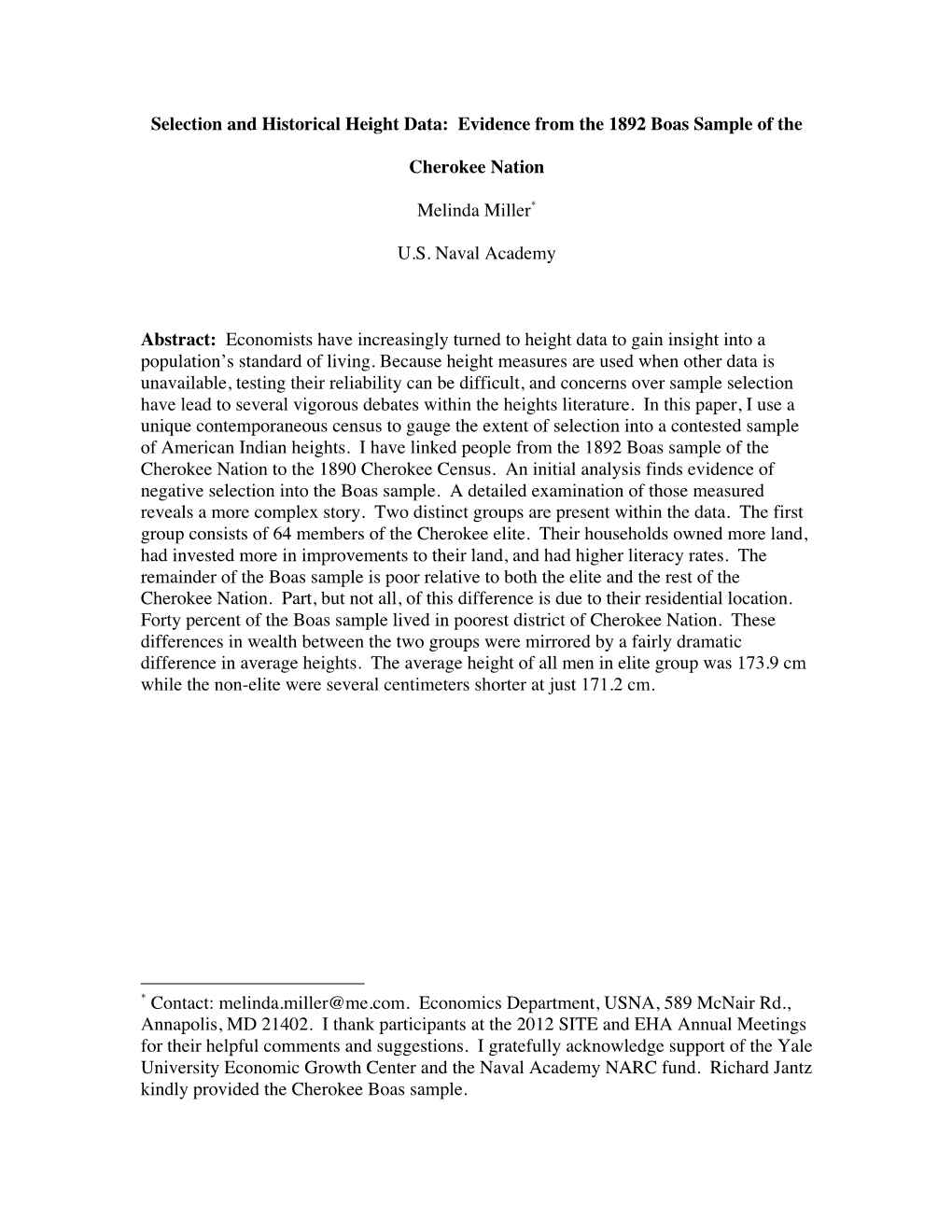 Selection and Historical Height Data: Evidence from the 1892 Boas Sample of the Cherokee Nation Melinda Miller* U.S. Naval Acad