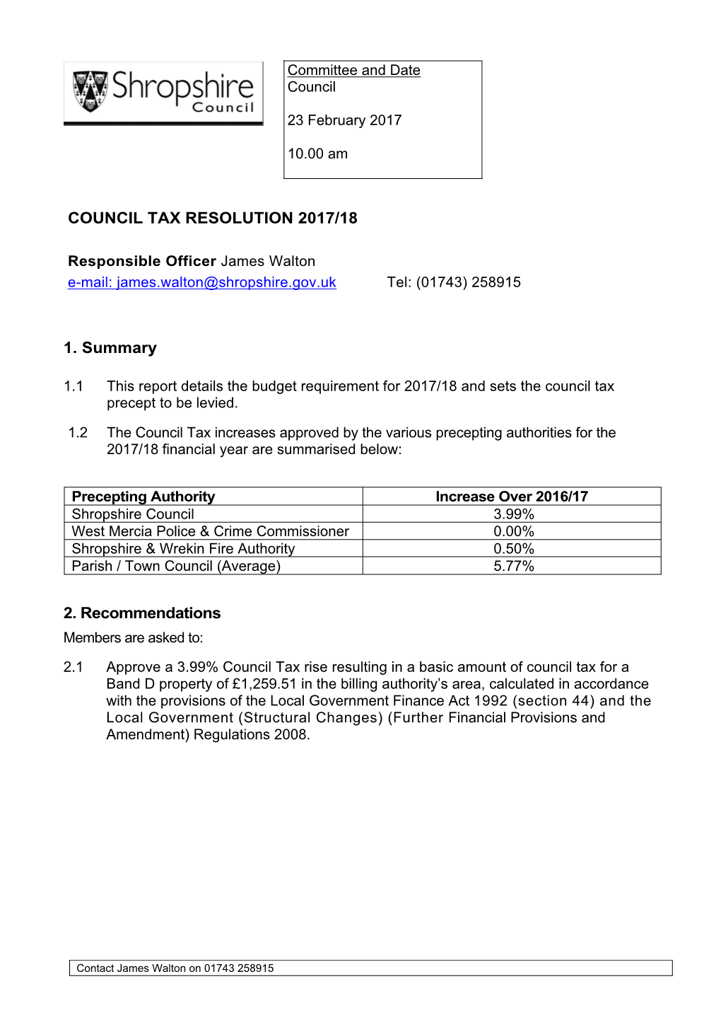 Council Tax Resolution 2017/18 1