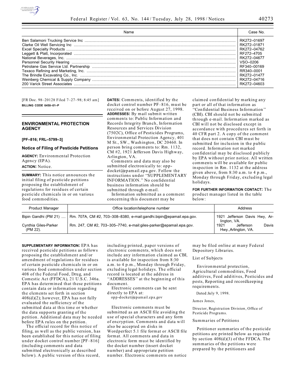 Federal Register/Vol. 63, No. 144/Tuesday, July 28