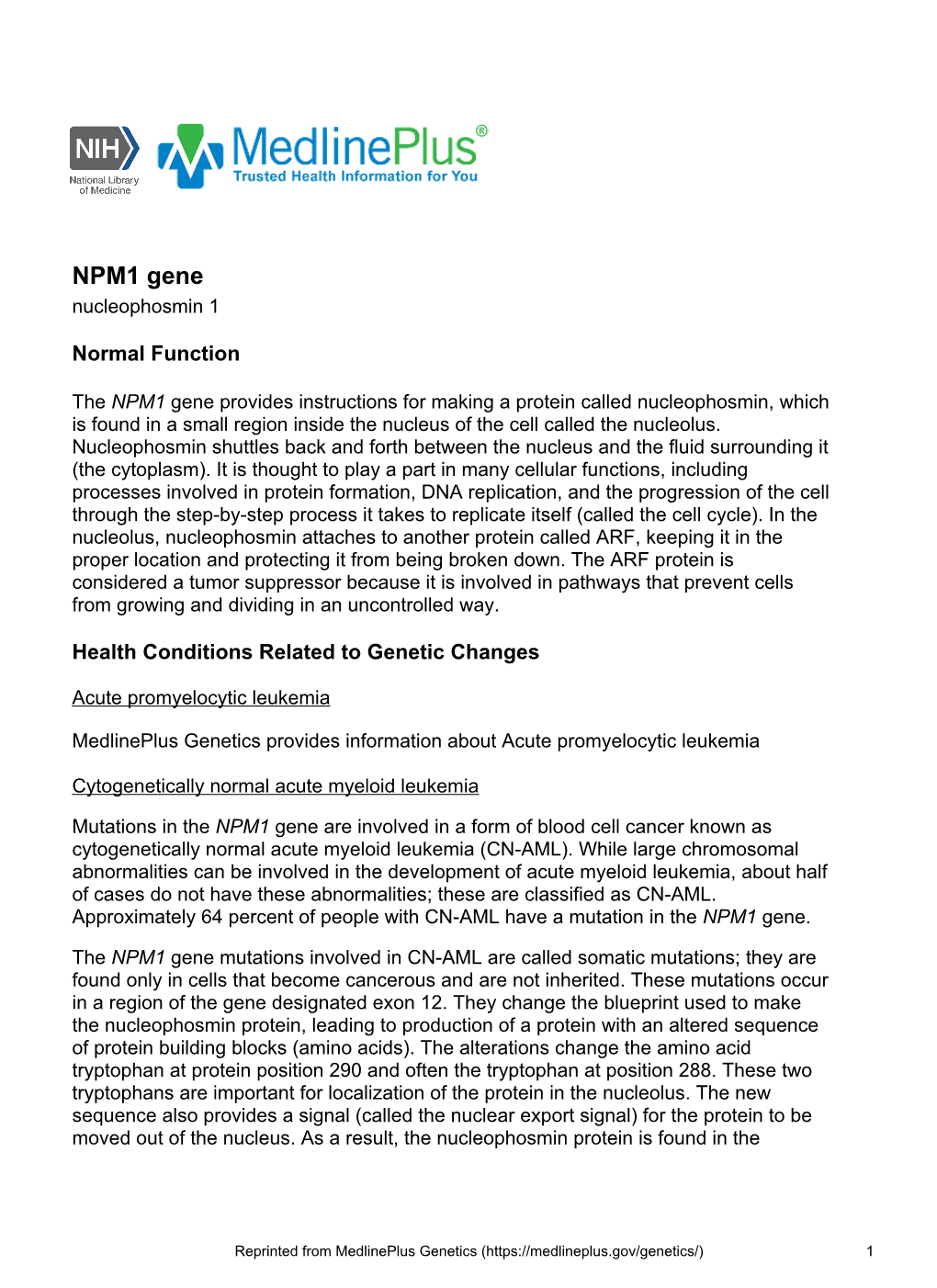 NPM1 Gene Nucleophosmin 1
