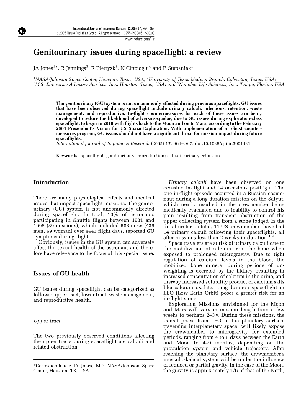 Genitourinary Issues During Spaceflight: a Review