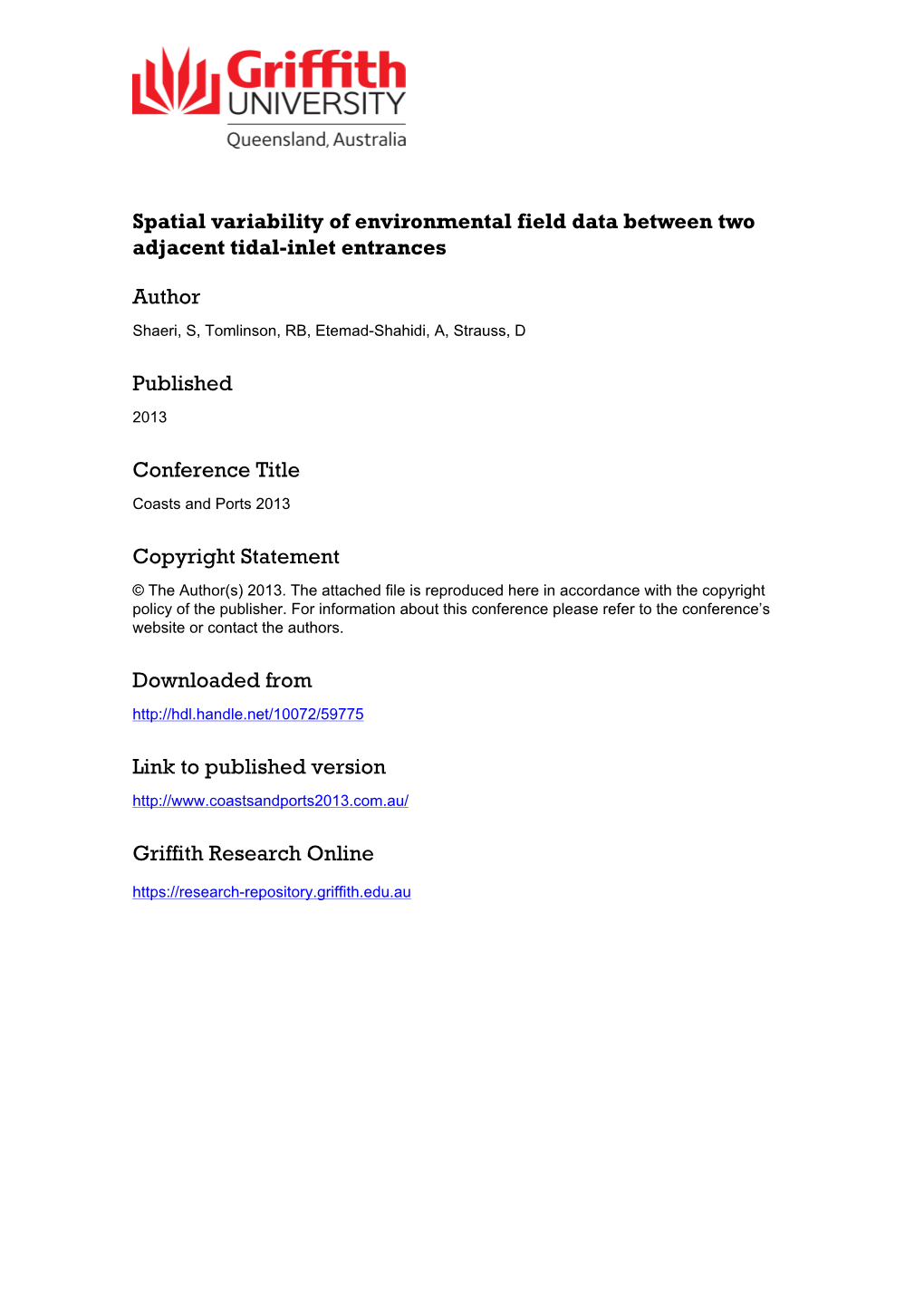 Spatial Variability of Environmental Field Data Between Two Adjacent Tidal-Inlet Entrances