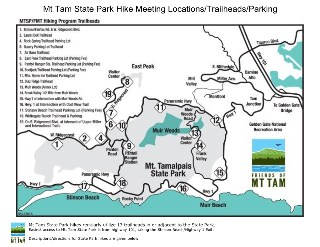 Mt Tam State Park Hike Meeting Locations/Trailheads/Parking