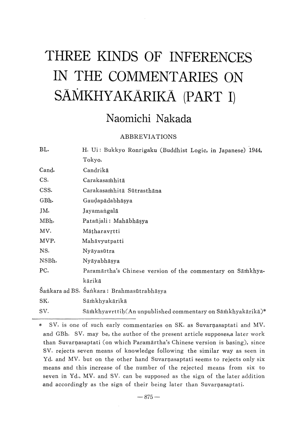 Three Kinds of Inferences in the Commentaries on Samkhyakarika (Part I)