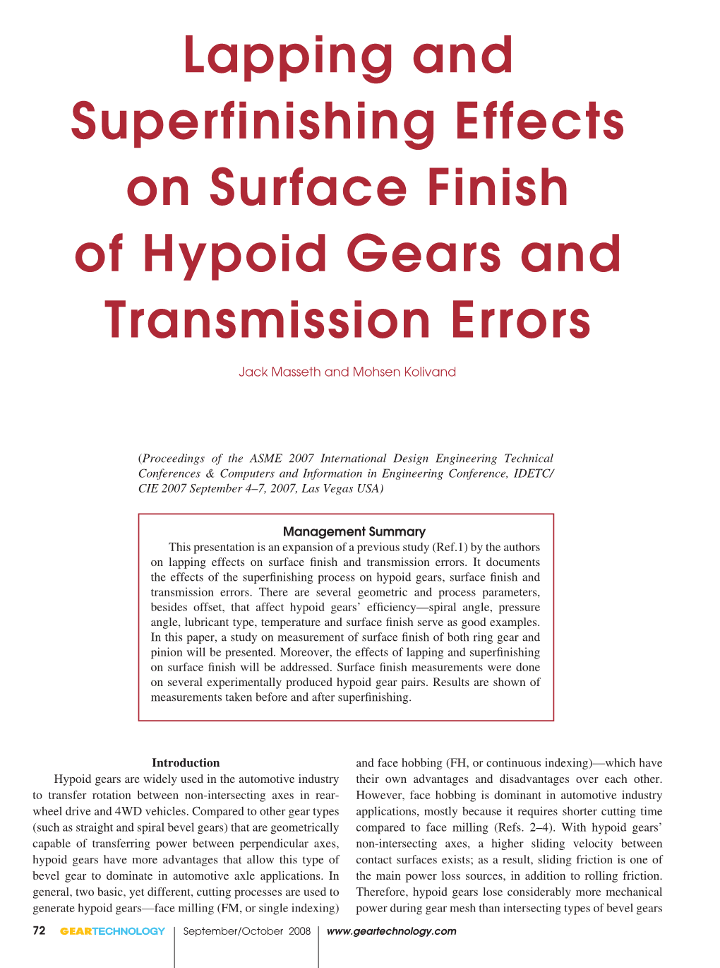 Lapping and Superfinishing Effects on Surface Finish of Hypoid Gears and Transmission Errors