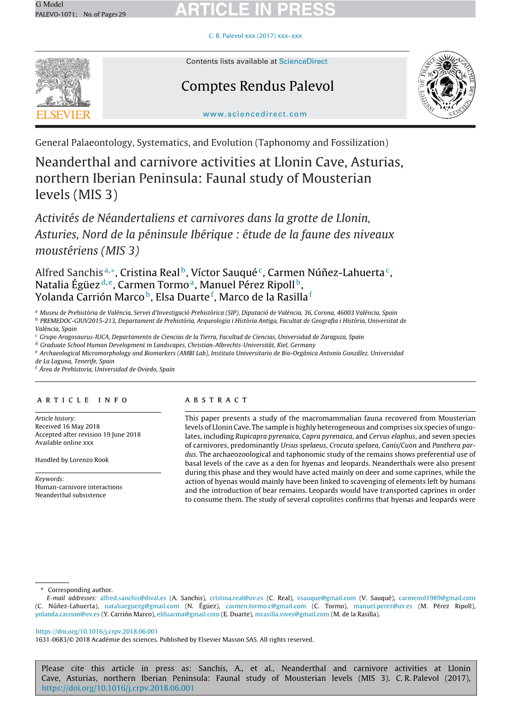 Neanderthal and Carnivore Activities at Llonin Cave, Asturias, Northern