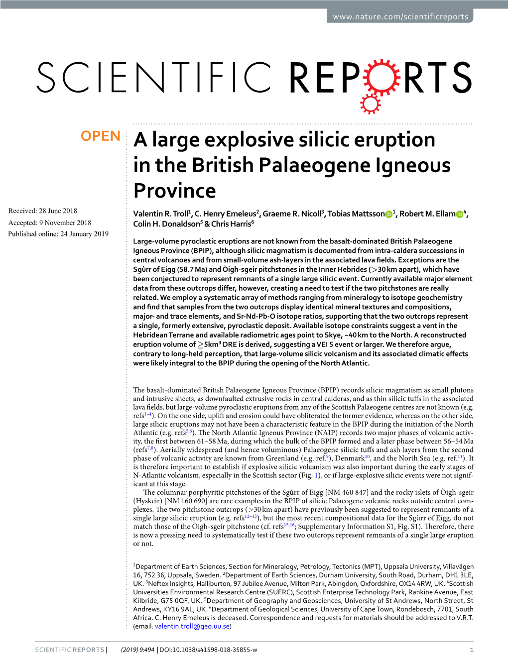 A Large Explosive Silicic Eruption in the British Palaeogene Igneous Province Received: 28 June 2018 Valentin R