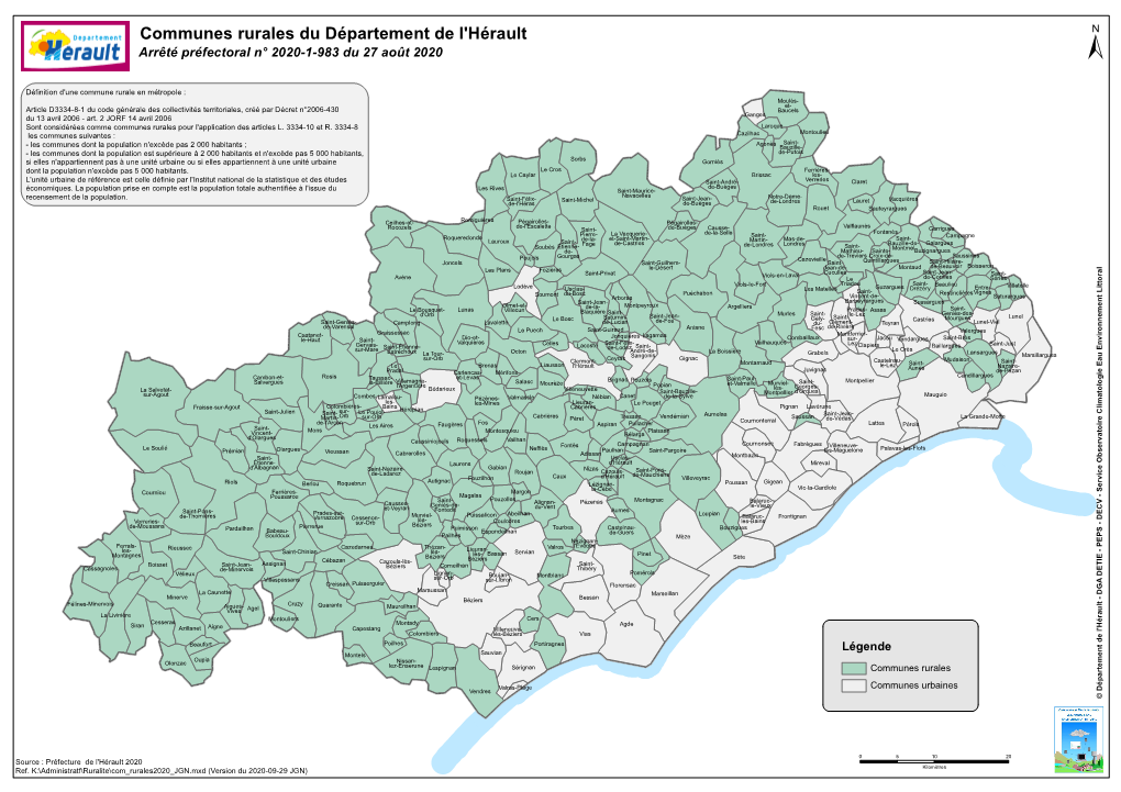 Communes Rurales Du Département De L'hérault Arrêté Préfectoral N° 2020-1-983 Du 27 Août 2020 ±