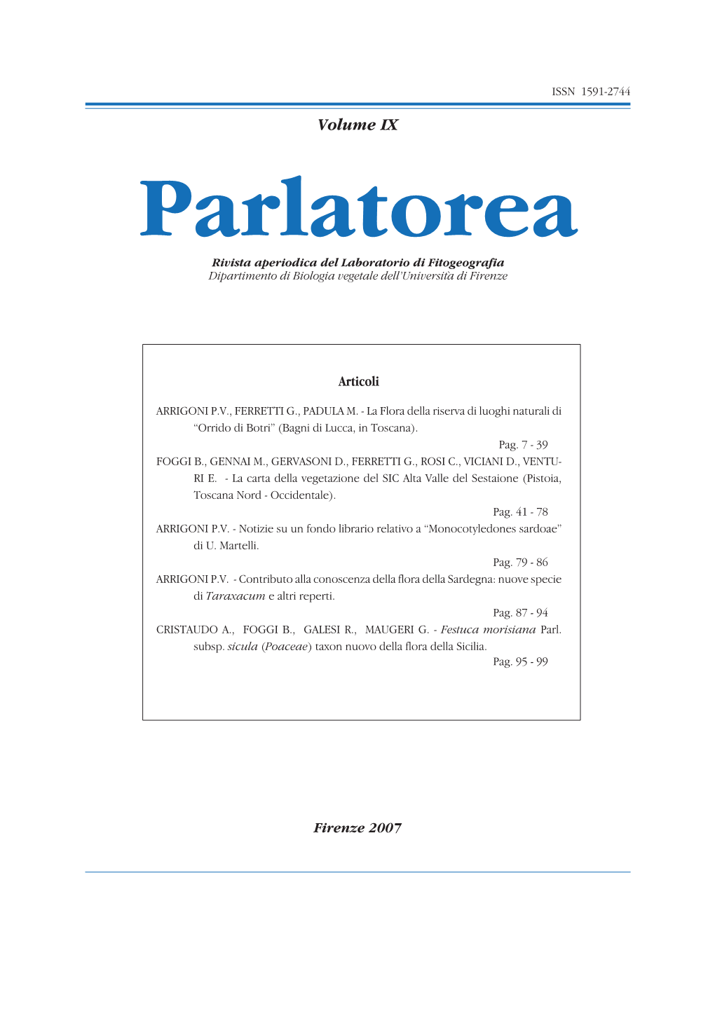 Parlatorea Rivista Aperiodica Del Laboratorio Di Fitogeografia Dipartimento Di Biologia Vegetale Dell’Università Di Firenze