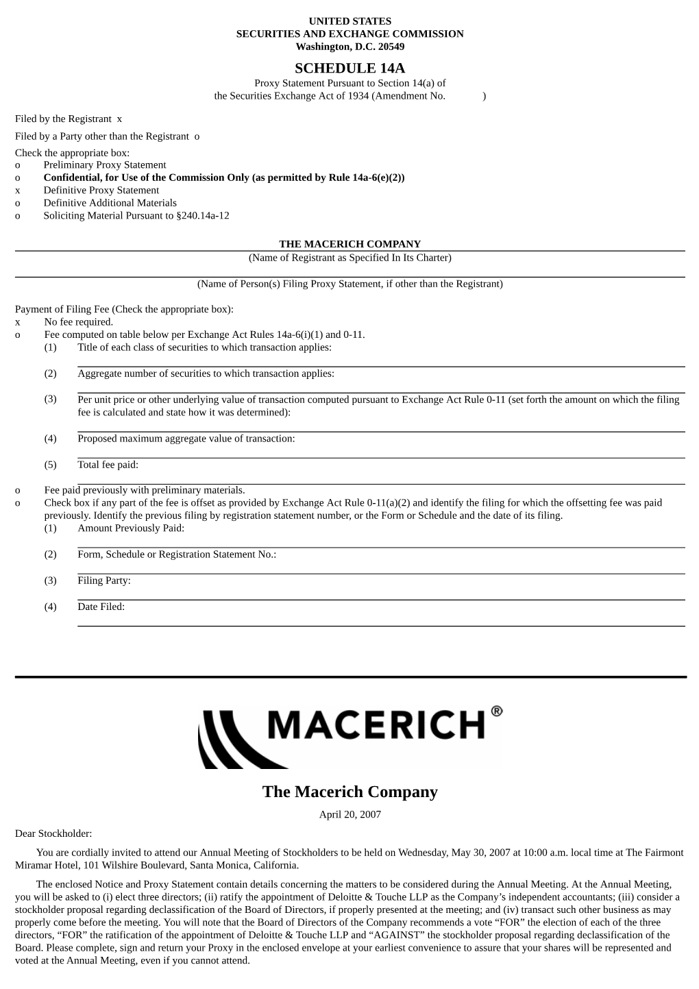 THE MACERICH COMPANY (Name of Registrant As Specified in Its Charter)