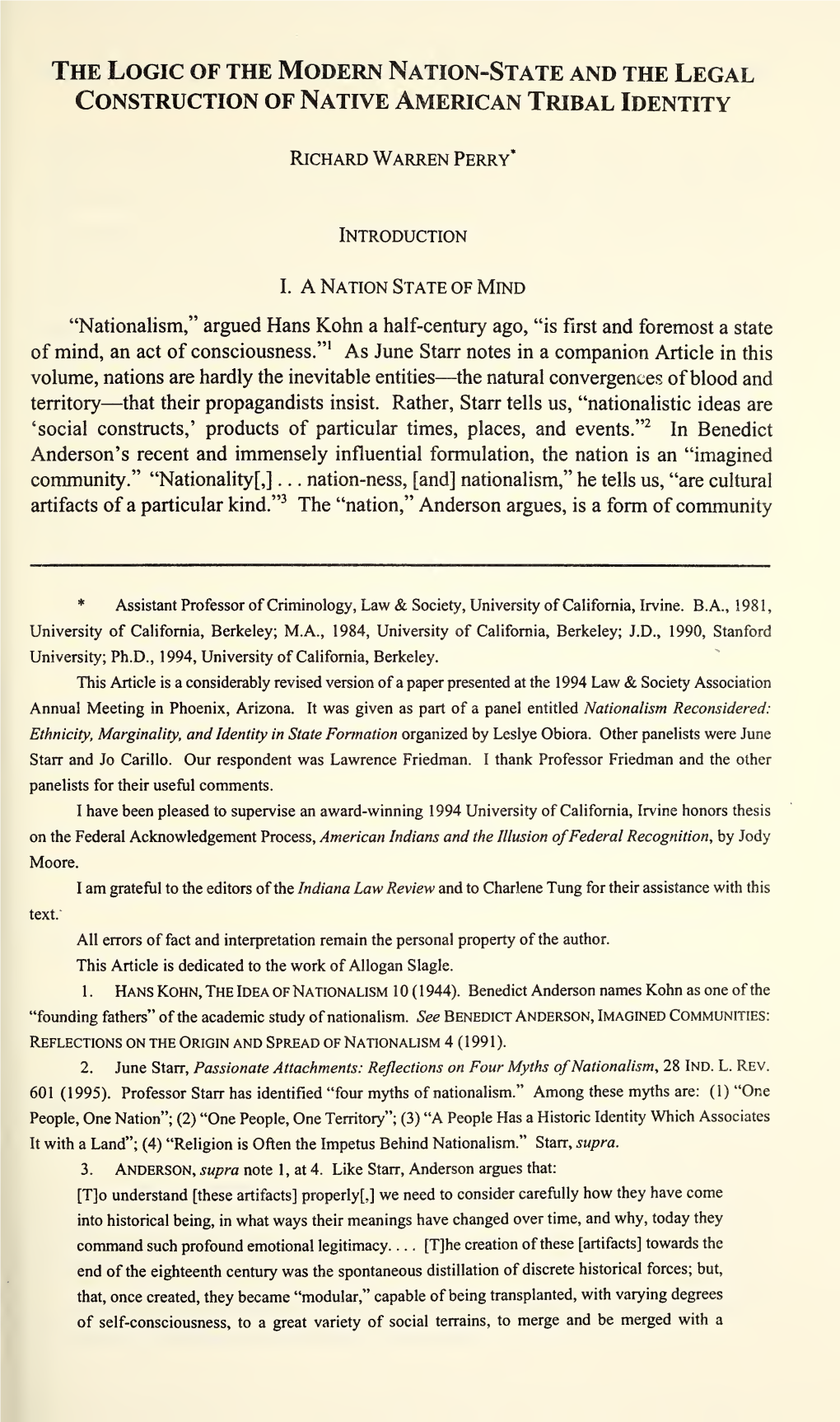 The Logic of the Modern Nation-State and the Legal Construction of Native American Tribal Identity