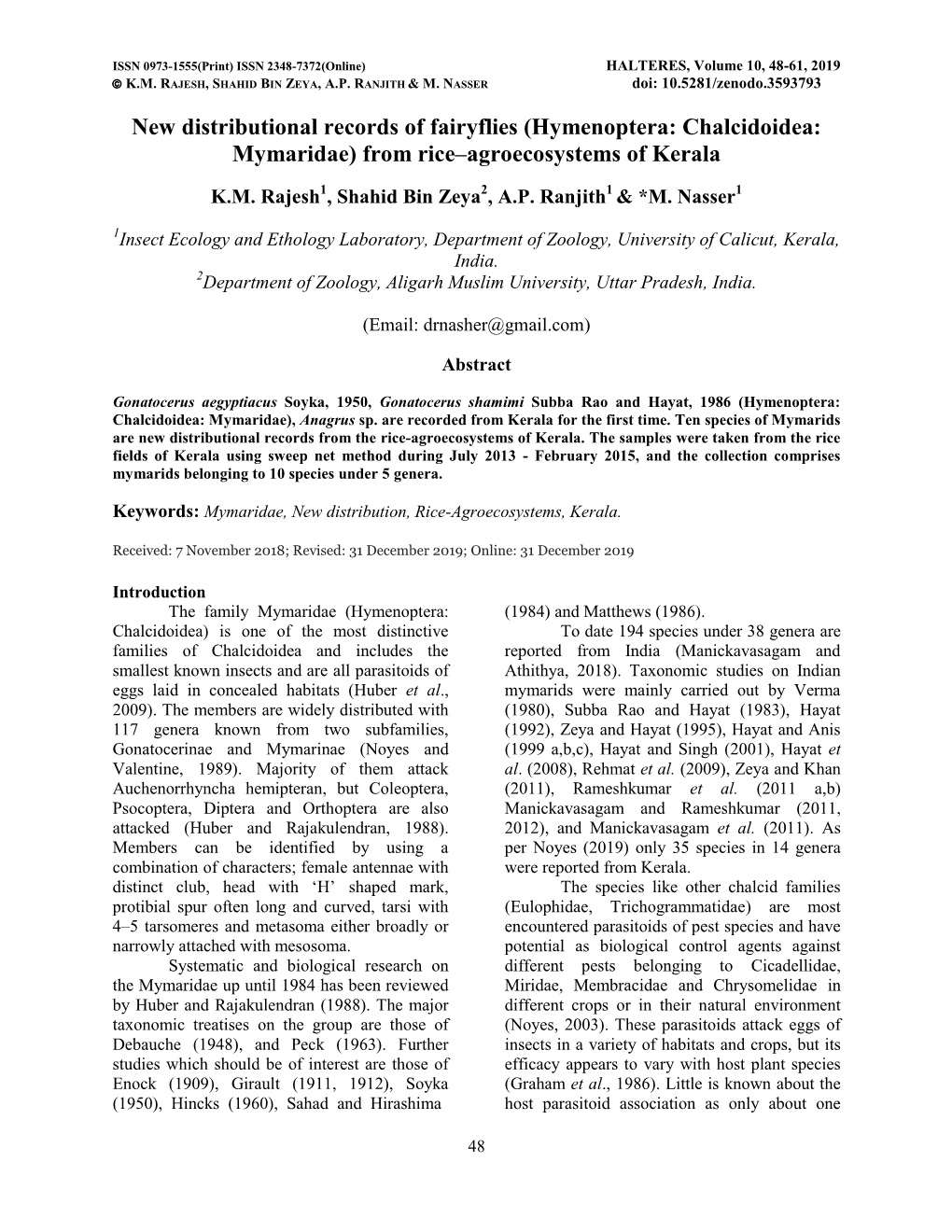 New Distributional Records of Fairyflies (Hymenoptera: Chalcidoidea: Mymaridae) from Rice–Agroecosystems of Kerala