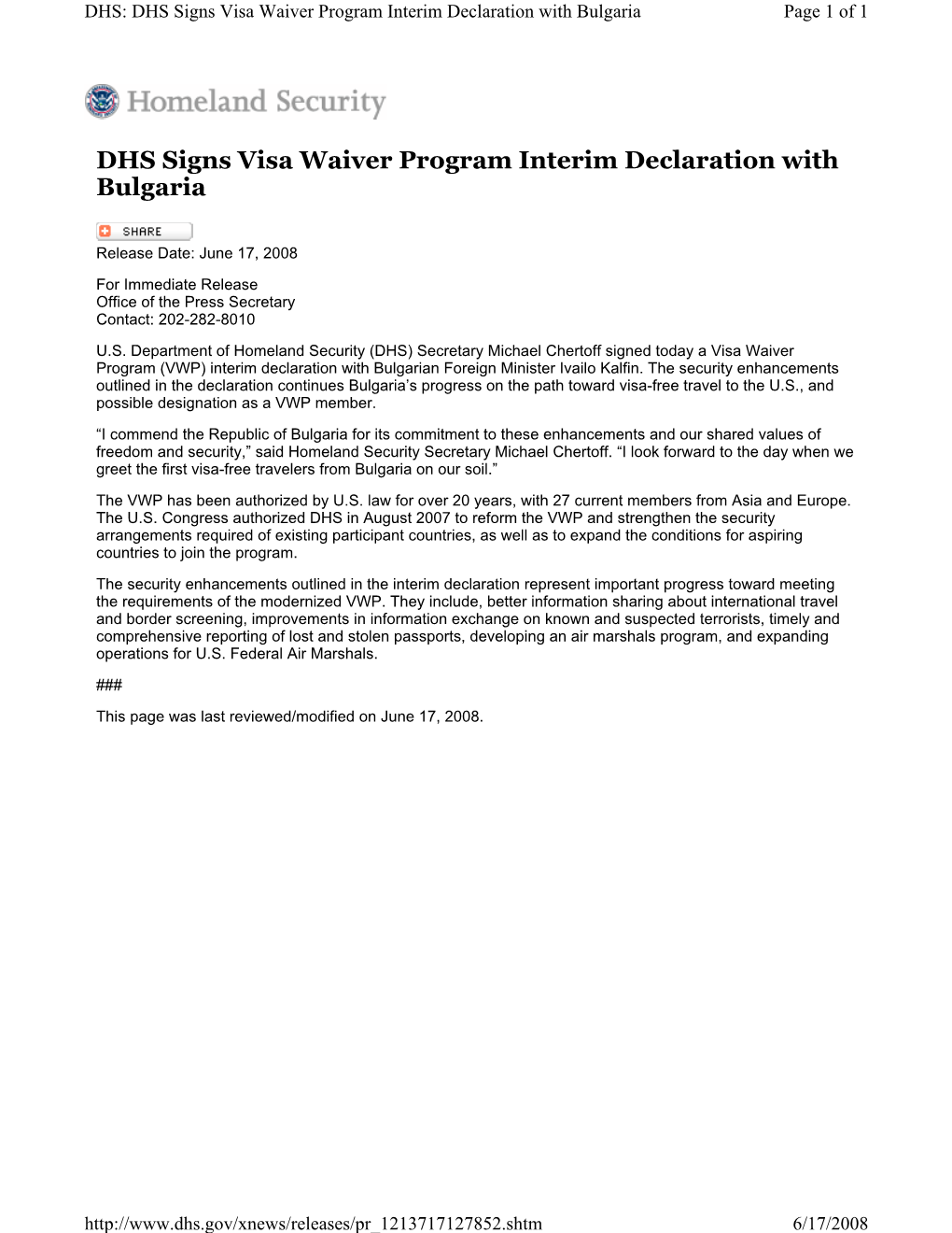 DHS Signs Visa Waiver Program Interim Declaration with Bulgaria Page 1 of 1