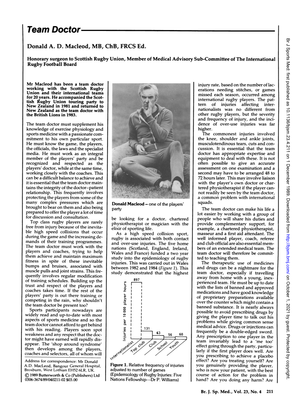Team Doctor Br J Sports Med: First Published As 10.1136/Bjsm.23.4.211 on 1 December 1989