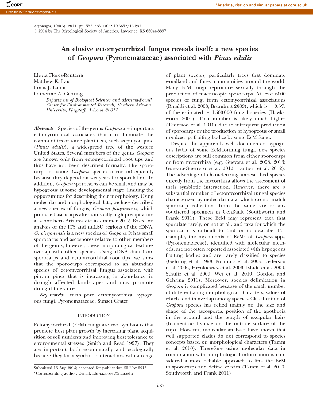 An Elusive Ectomycorrhizal Fungus Reveals Itself: a New Species of Geopora (Pyronemataceae) Associated with Pinus Edulis