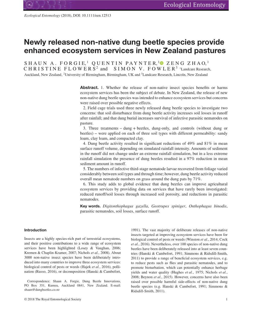 Newly Released Non-Native Dung Beetle Species Provide Enhanced Ecosystem Services in New Zealand Pastures