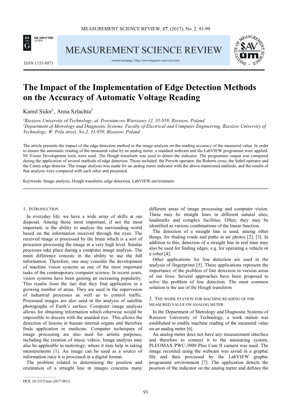 The Impact of the Implementation of Edge Detection Methods on the Accuracy of Automatic Voltage Reading
