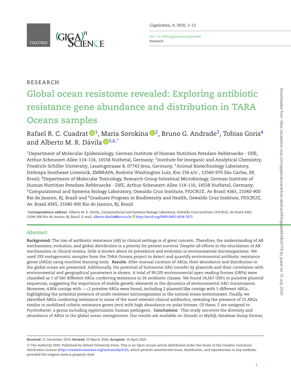 Global Ocean Resistome Revealed: Exploring Antibiotic Resistance Gene Abundance and Distribution in TARA Oceans Samples Rafael R