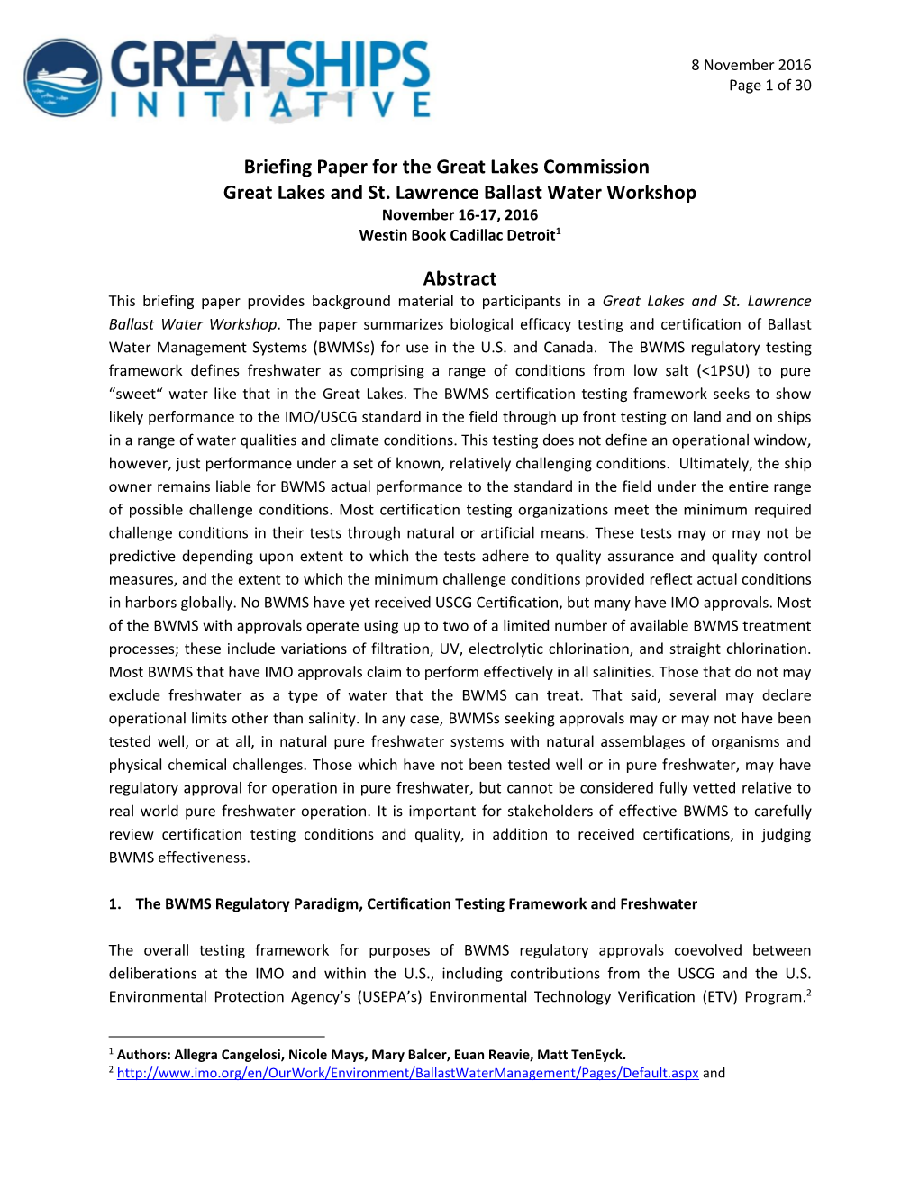 Briefing Paper for the Great Lakes Commission Great Lakes and St. Lawrence Ballast Water Workshop Abstract