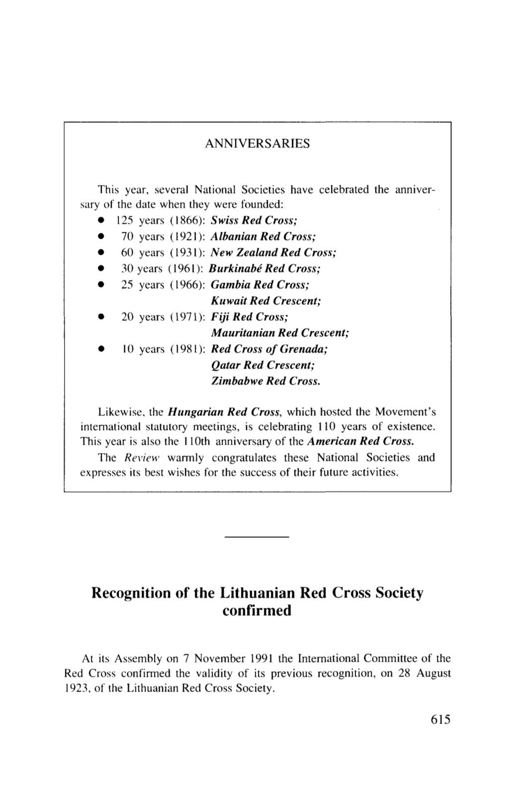 Recognition of the Lithuanian Red Cross Society Confirmed