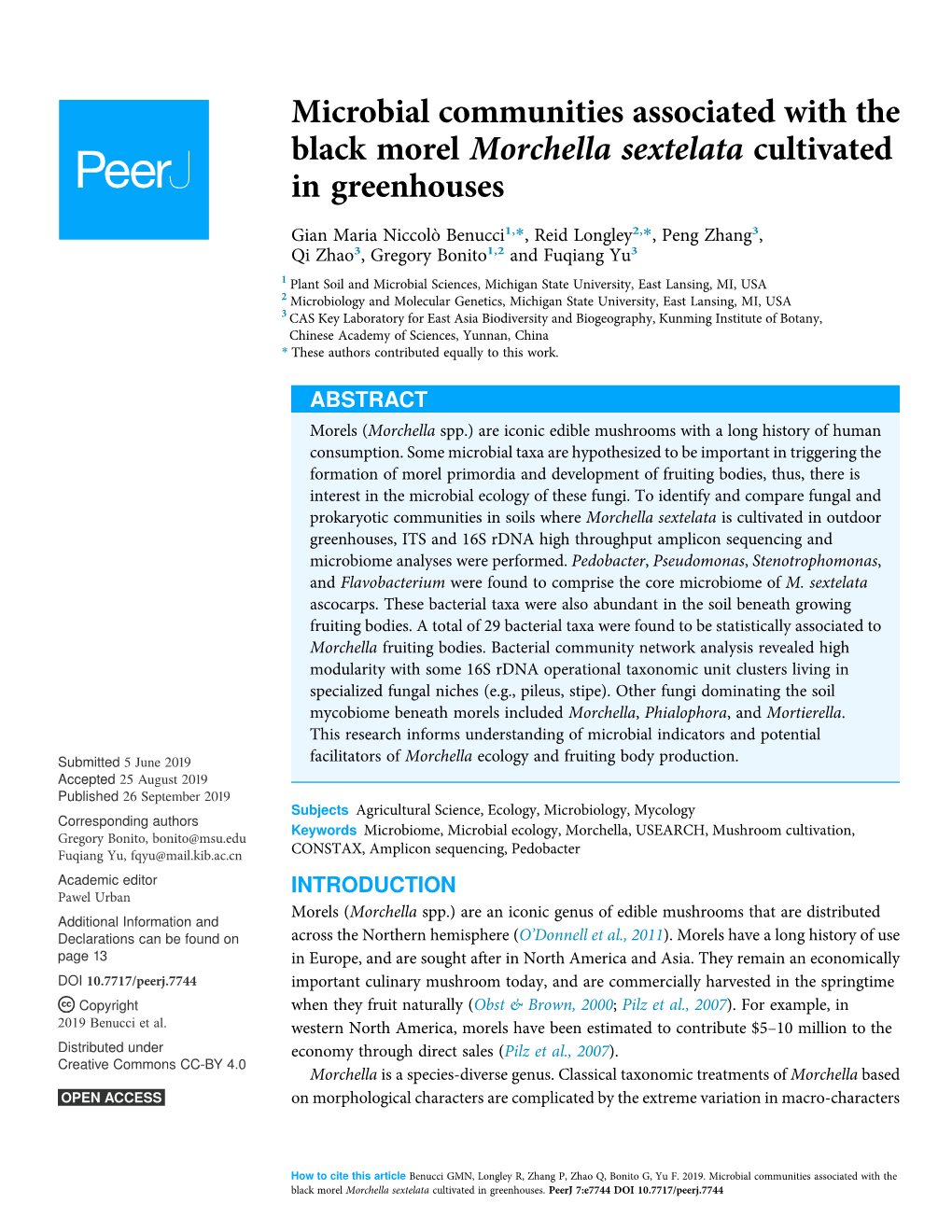 Microbial Communities Associated with the Black Morel Morchella Sextelata Cultivated in Greenhouses