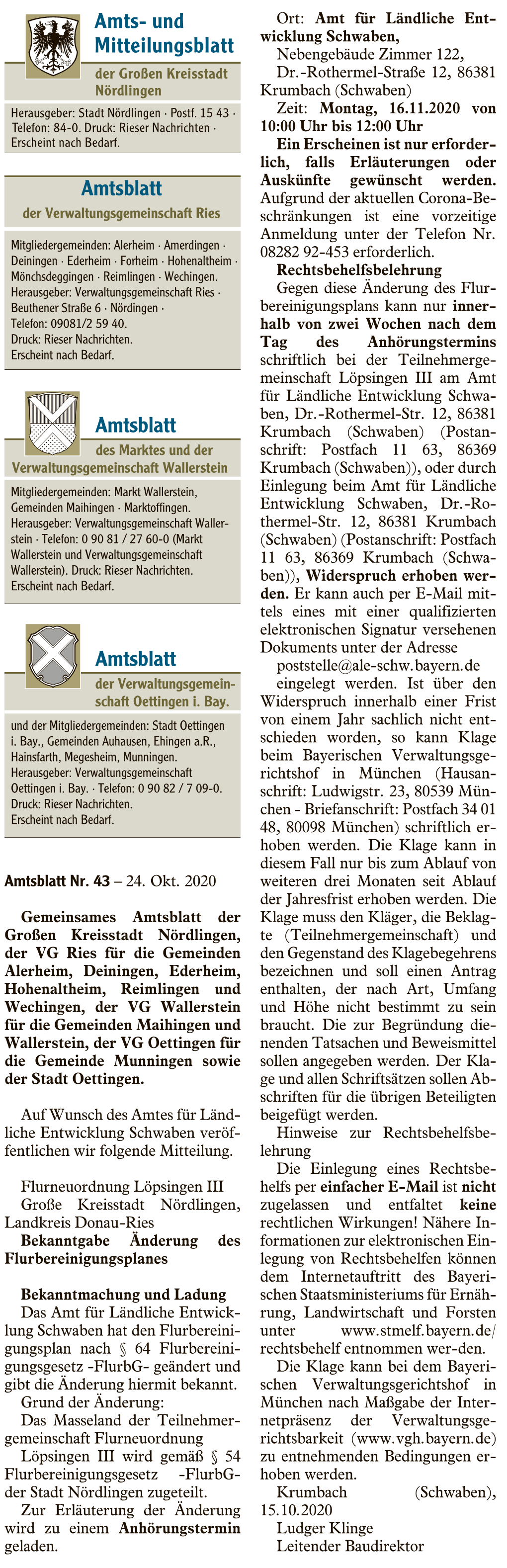 43. Amtsblatt Vom 24.10.2020