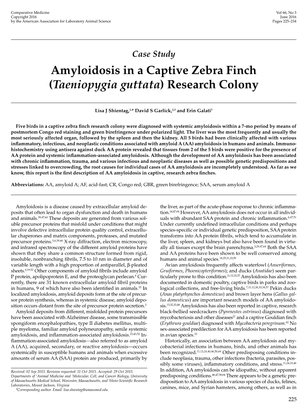 Amyloidosis in a Captive Zebra Finch (Taeniopygia Guttata) Research Colony