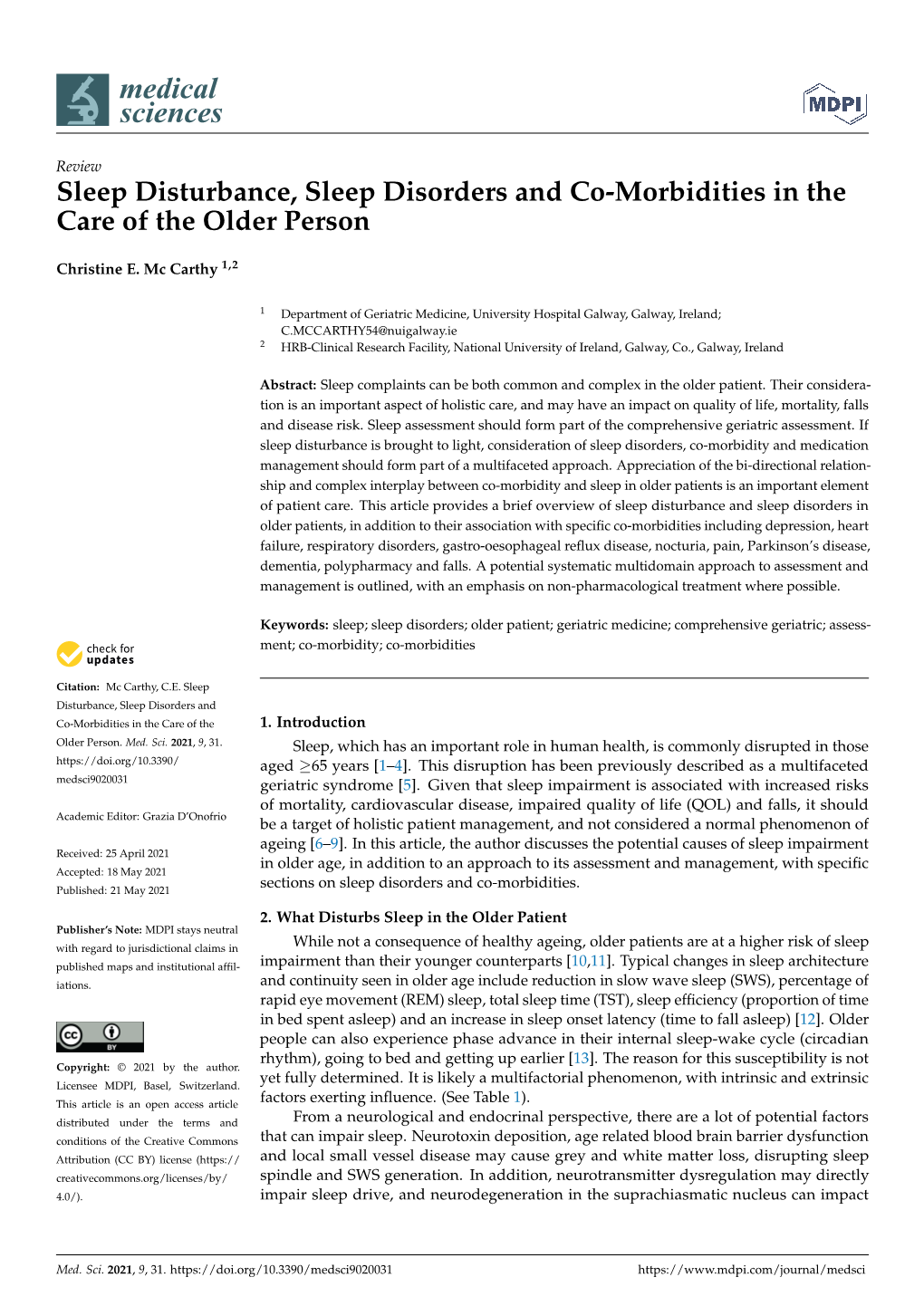 Sleep Disturbance, Sleep Disorders and Co-Morbidities in the Care of the Older Person