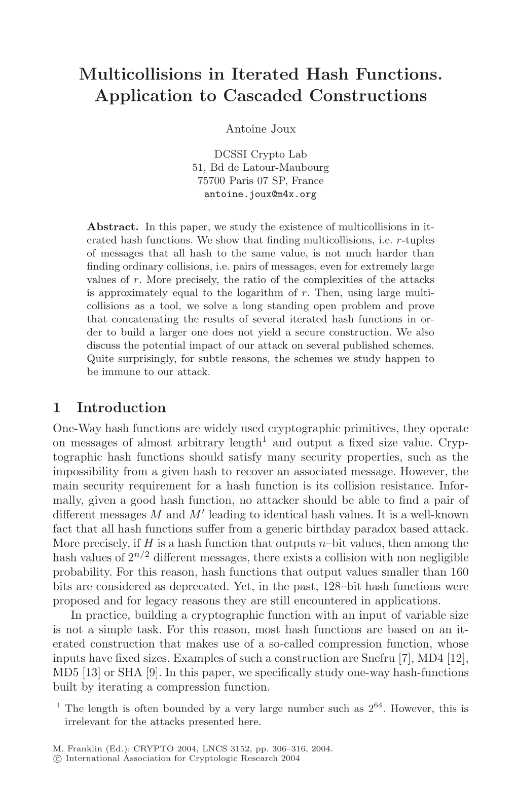 Multicollisions in Iterated Hash Functions. Application to Cascaded Constructions