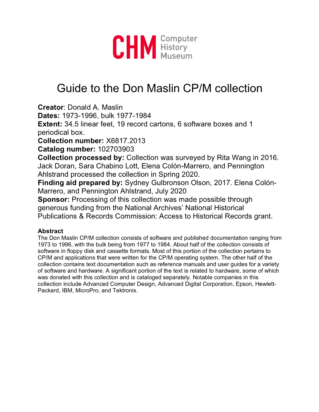 Guide to the Don Maslin CP/M Collection