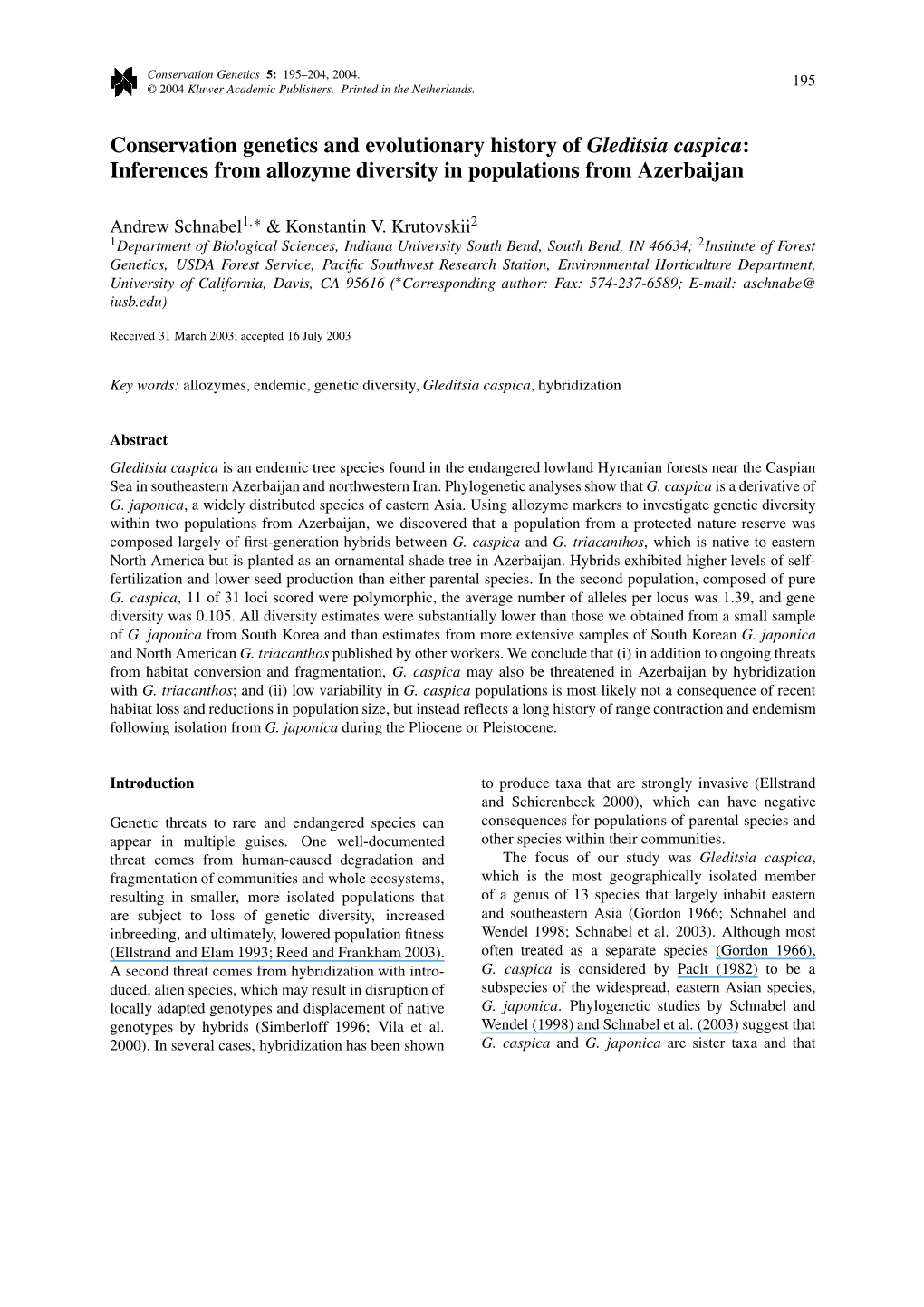 Conservation Genetics and Evolutionary History of Gleditsia Caspica: Inferences from Allozyme Diversity in Populations from Azerbaijan