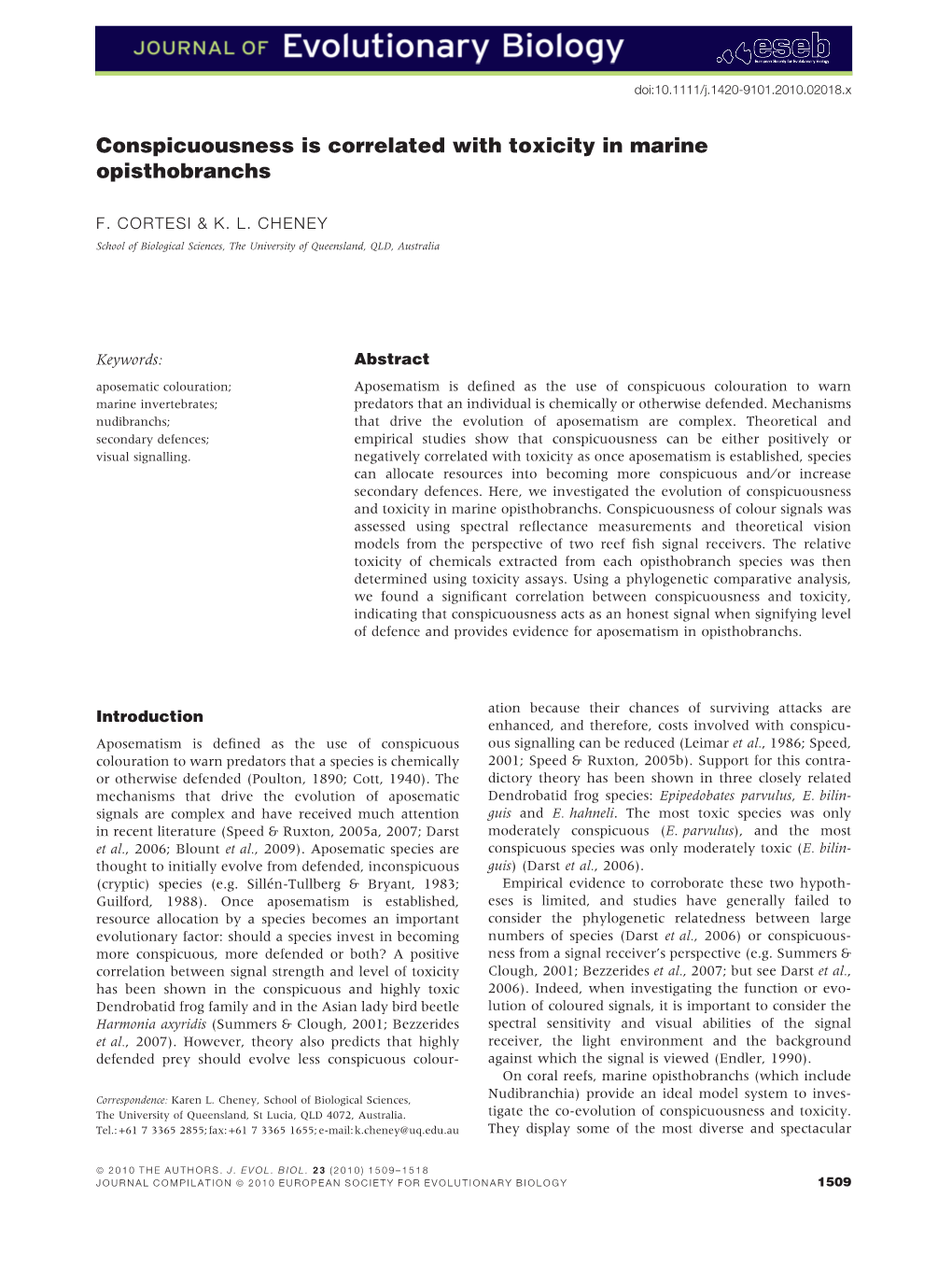 Conspicuousness Is Correlated with Toxicity in Marine Opisthobranchs