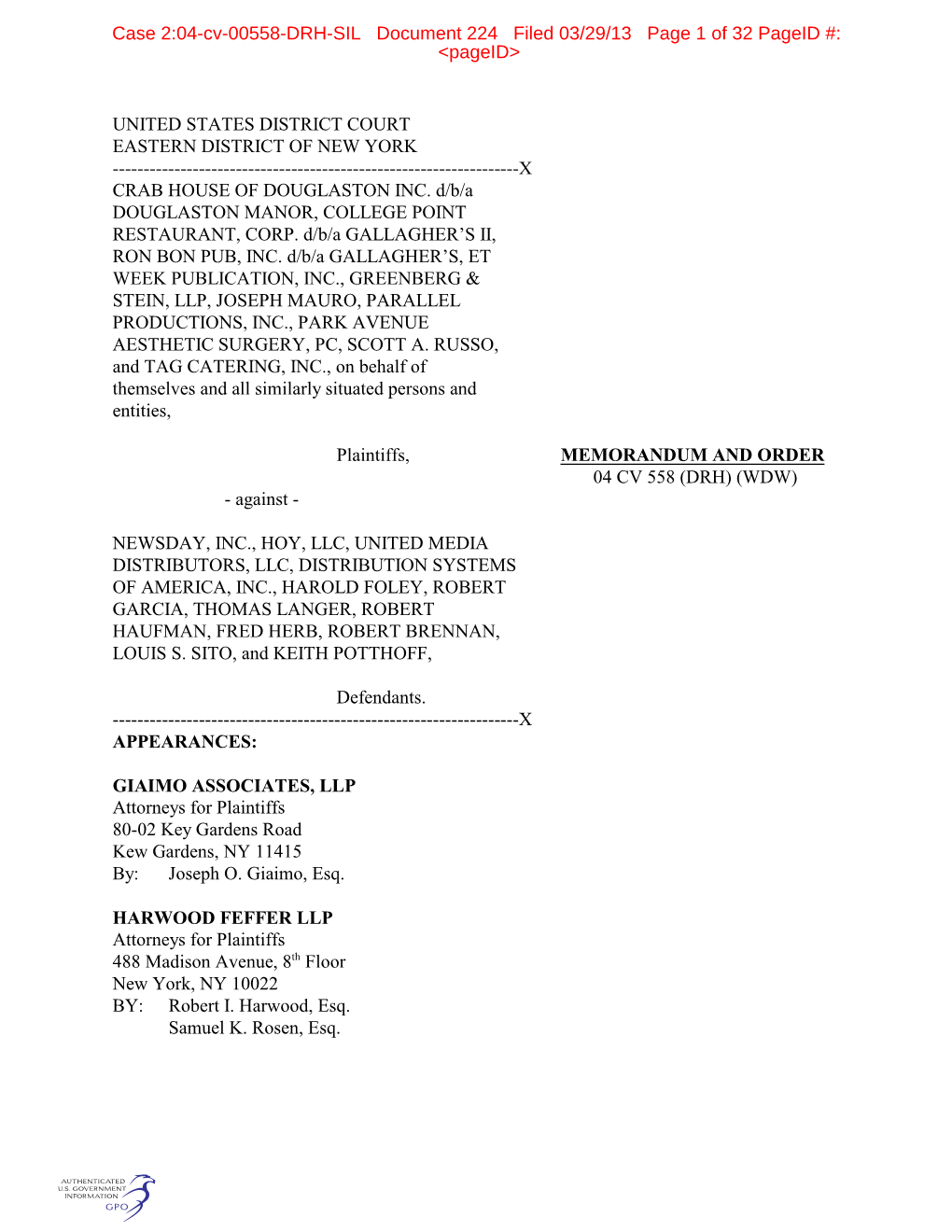 United States District Court Eastern District of New York ------X Crab House of Douglaston Inc