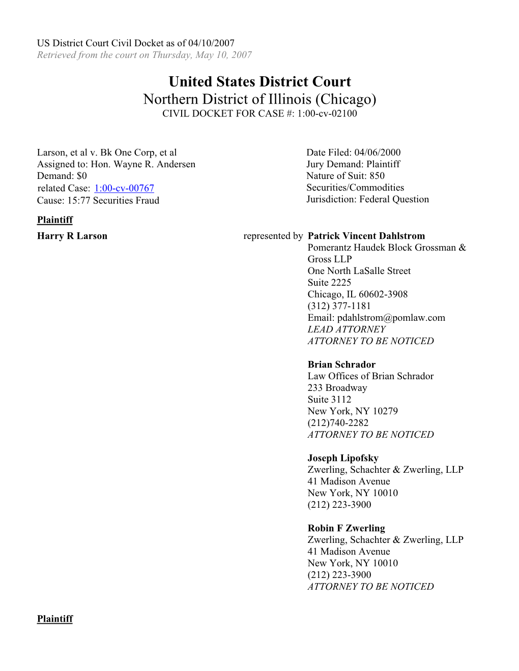 Larson, Et Al. V. Bank One Corporation, Et Al. 00-CV-2100-U.S. District