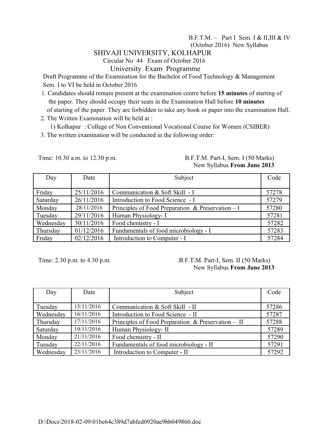 B.F.T.M. Part I Sem. I & II,III & IV