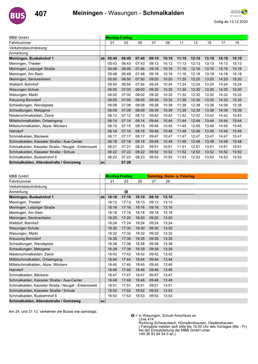 Wasungen - Schmalkalden Gültig Ab 13.12.2020