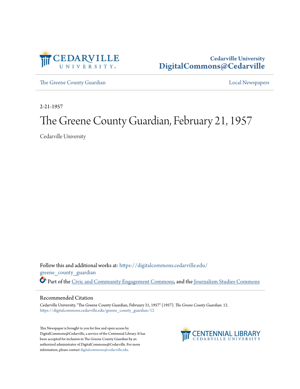 The Greene County Guardian, February 21, 1957 Cedarville University