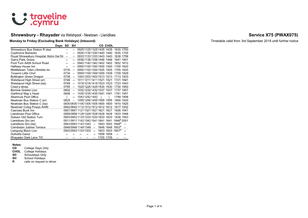 Traveline Cymru A4 Landscape Timetable