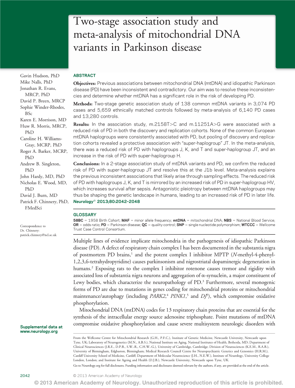 Two-Stage Association Study and Meta-Analysis of Mitochondrial DNA Variants in Parkinson Disease