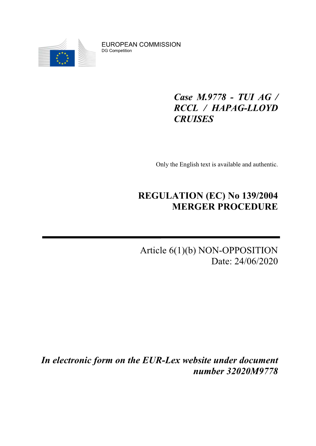 Case M.9778 - TUI AG / RCCL / HAPAG-LLOYD CRUISES