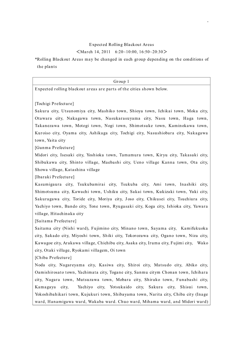 Expected Rolling Blackout Areas ＜March 14, 2011 6:20~10:00, 16