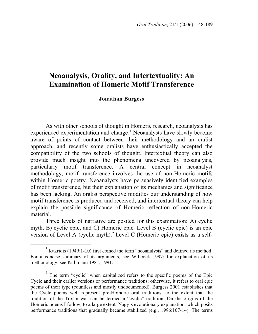 Neoanalysis, Orality, and Intertextuality: an Examination of Homeric Motif Transference