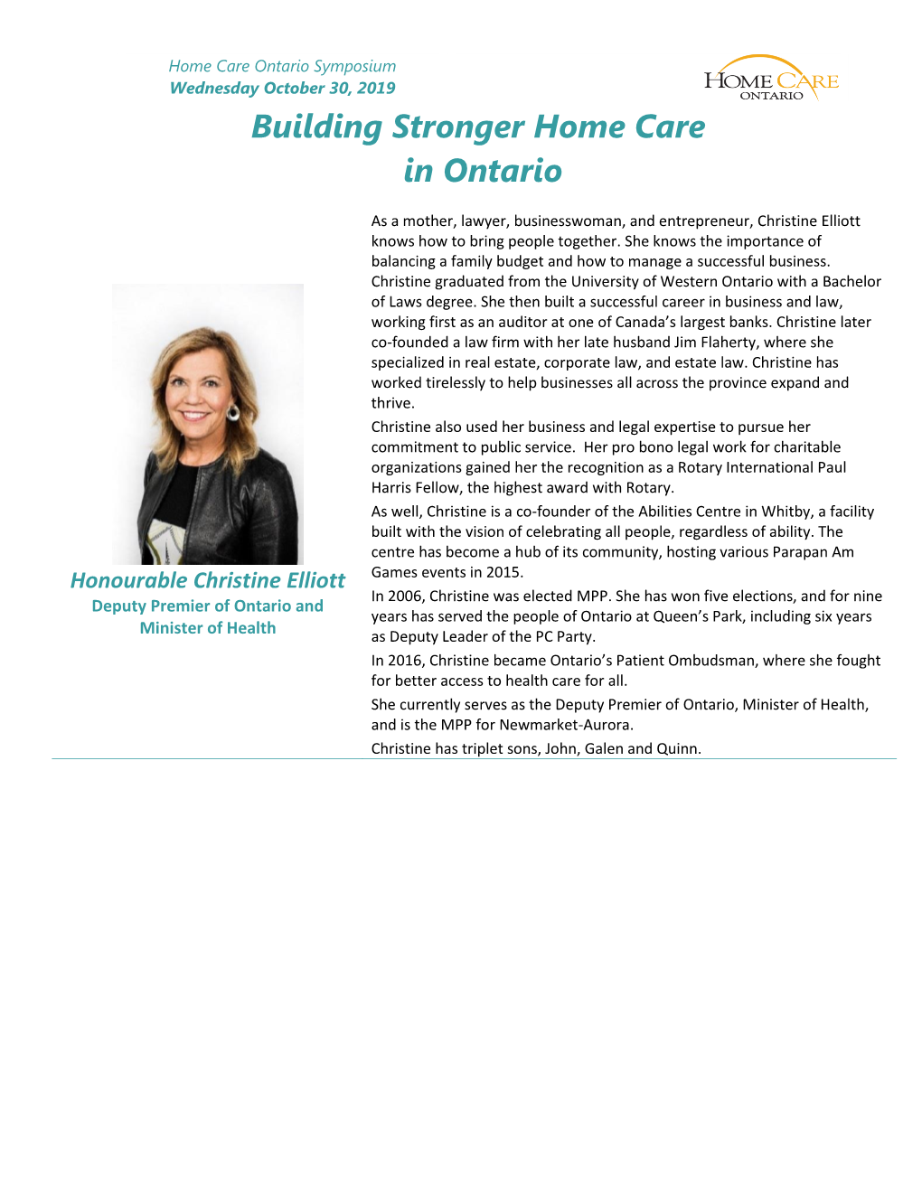 Building Stronger Home Care in Ontario – Wednesday, October 30, 2019