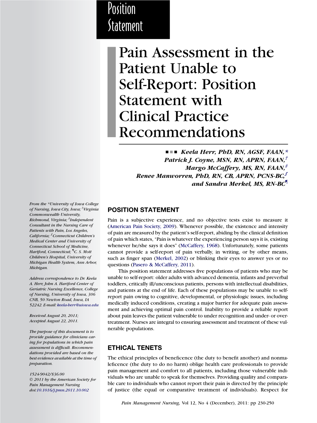 Pain Assessment in the Patient Unable to Self-Report: Position Statement with Clinical Practice Recommendations