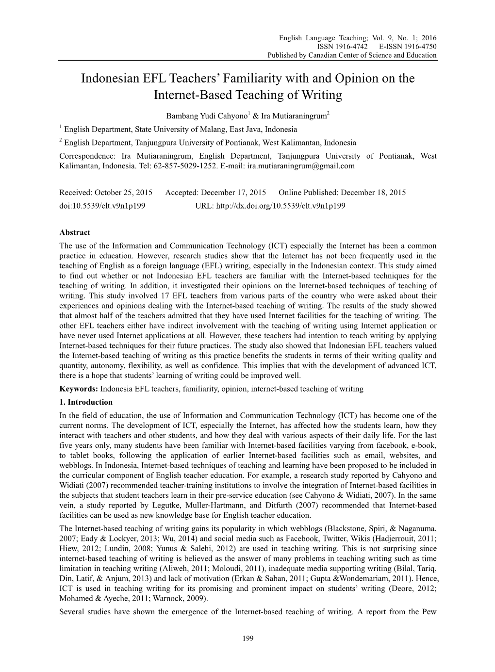 Indonesian EFL Teachers' Familiarity with and Opinion on the Internet-Based Teaching of Writing