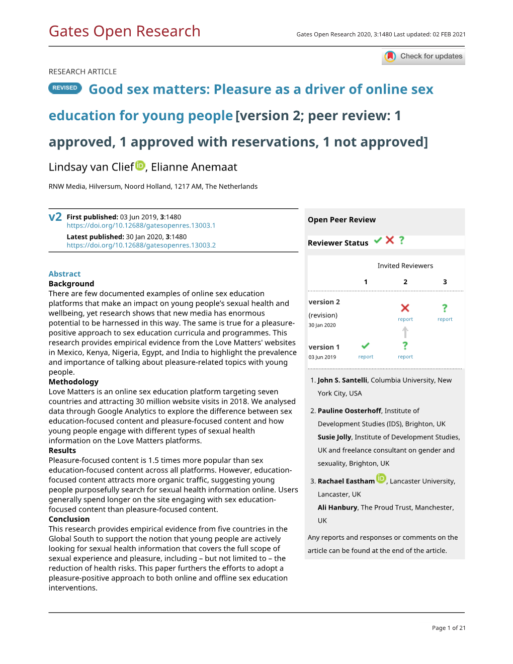 Good Sex Matters: Pleasure As a Driver of Online Sex Education for Young People [Version 2; Peer Review: 1 Approved, 1 Approved with Reservations, 1 Not Approved]