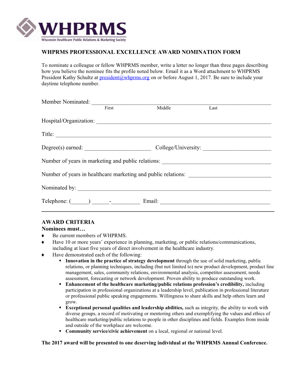 Whprms Professional Excellence Award Nomination Form