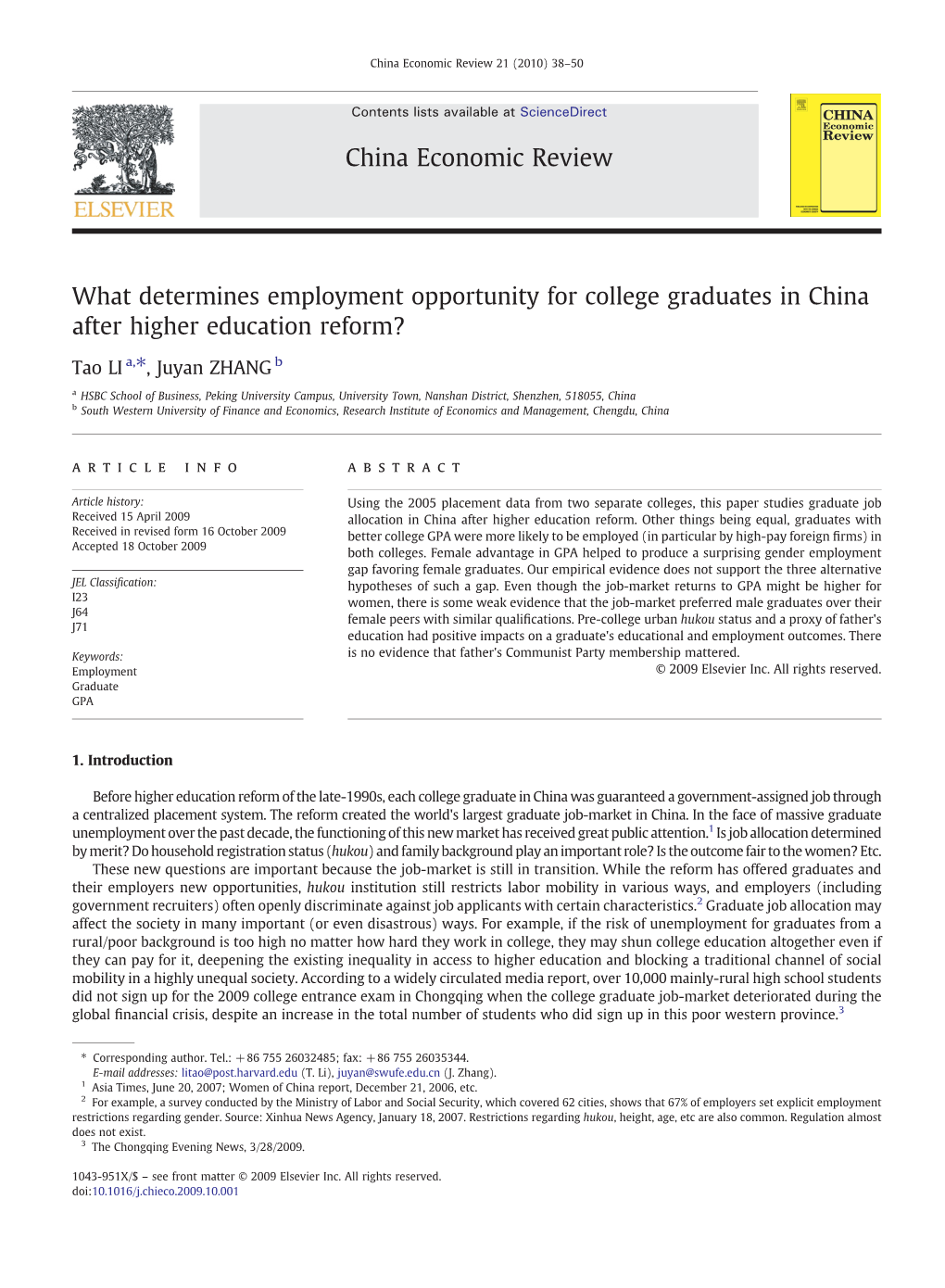 What Determines Employment Opportunity for College Graduates in China After Higher Education Reform?