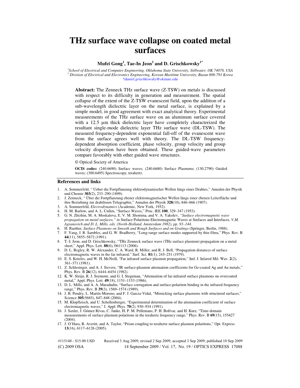 Thz Surface Wave Collapse on Coated Metal Surfaces