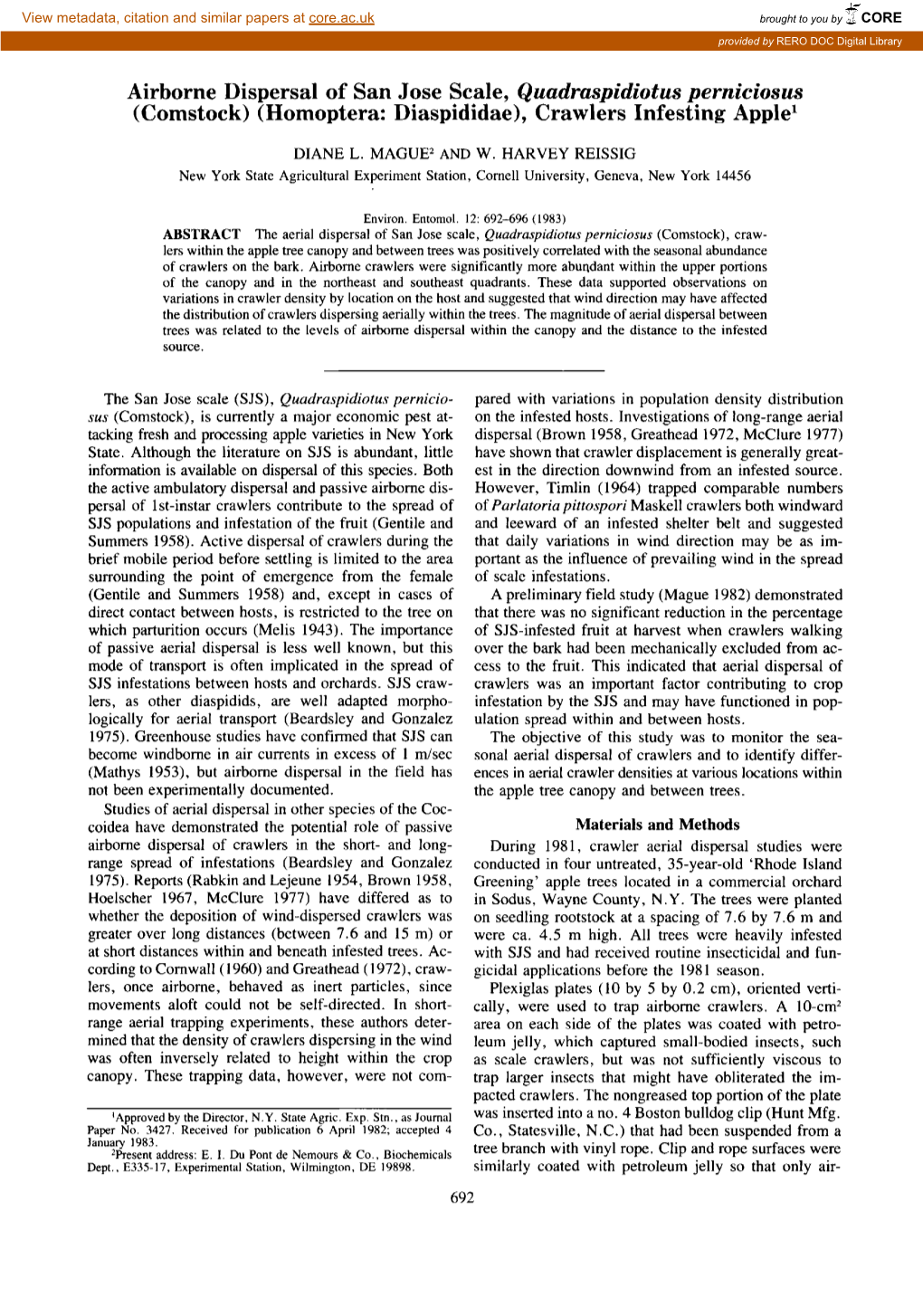 Airborne Dispersal of San Jose Scale, &lt;I&gt;Quadraspidiotus Perniciosus&lt;/I